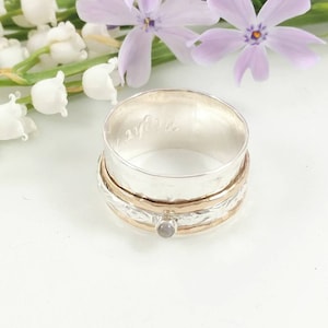 I Am Enough Moonstone Meditation Ring, Silver and Gold Filled Spinners, Worry Ring, Fidget Band, Anxiety Relief Gift, Gemstone Spinner Ring