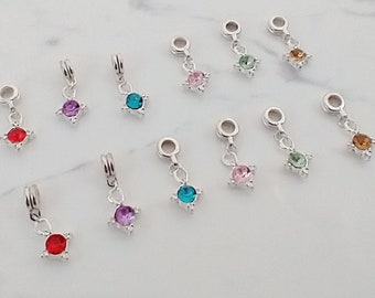 Set of 12 Rhinestone Charms, Silver Toned European Style Birthstone Charms, 6 Pairs of Multicolored Pendants, Jewelry Supply