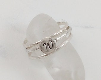 Initial Stacking Ring Set, 1 Initial & 2 Plain Rings, Sterling Silver