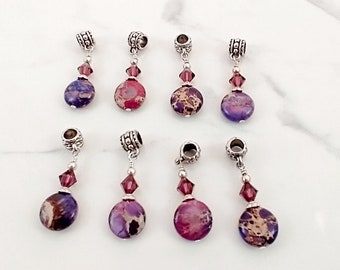 Set of 8 Purple Dyed Imperial Jasper Charms, Silver Toned European Style Charms, Purple Stone Pendants, Jewelry Supply