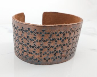 Wide Copper and Leather Cuff | Hand Stamped