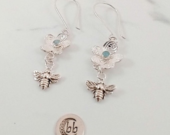Honey Bee Gemstone Earrings, Sterling Silver and Aquamarine Bee and Flower Dangle Earrings, Gift for March Birthday, March Birthstone