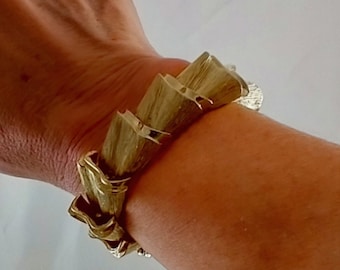 Vintage Puccini Chunky Gold Toned Bracelet With Safety Chain, Retro Gold Ginkgo Leaf Link Bracelet, Pre Owned Estate Jewelry