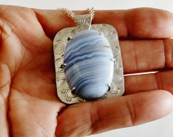 Blue Lace Agate and Dragonfly Necklace, Sterling Silver Artisan Crafted Pendant, Birthday Gift for Her