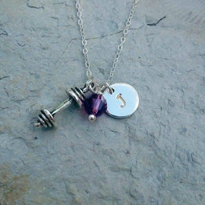 Initial, Birthstone, and Dumbbell Necklace, Hand Stamped Sterling Silver Monogram Layering Necklace, Weight Lifter Gift, Fitness Inspiration