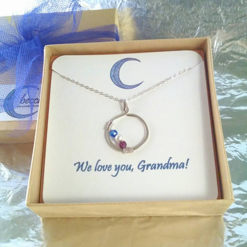 Circle Necklace with 1 to 6 Birthstones, Custom Sterling Silver Mom Necklace, Personalized Grandma Necklace, Family Necklace, Children 画像 2