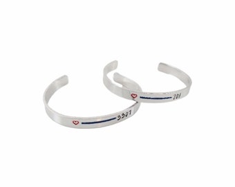 Thin Blue Line Cuff Bracelet With Badge Number and Heart