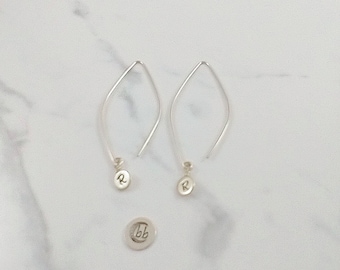 Initial Earrings, Sterling Silver Monogram Long Dangle Earrings, Personalized Custom Earrings, Hand Stamped Gift for Her