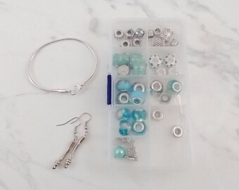 Aqua and Silver European Style Bracelet and Earring Kit, Make Your Own Jewelry Kit, DIY Jewelry, 35 Assorted Beads, Gift Ideas for Her