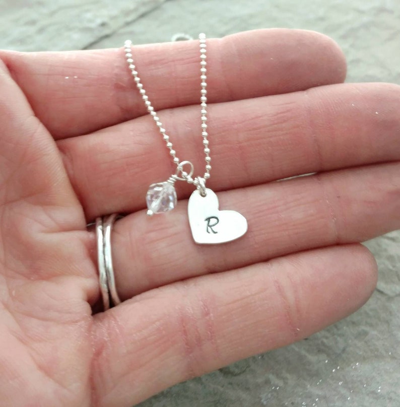 Heart and Birthstone Necklace With Initial, Sterling Silver Monogram Necklace, Layering Necklace, Gift for Daughter image 1