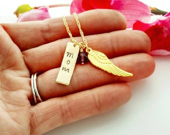 Gold Name, Birthstone, and Angel Wing Remembrance Necklace, Memory Gift for Loss of Mom, Dad, Sister, Brother, Husband, Child, In Memory of