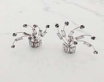 Art Deco Crystal and Silver Toned Fan Clip On Earrings, Unsigned, Excellent Condition, 1950's CZ Earrings, Something Old for Bride