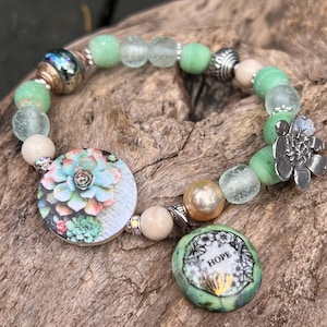 Succulents Beaded Stretch Bracelet , Hope Ceramic  charm , BoHo, Spring  gift for her