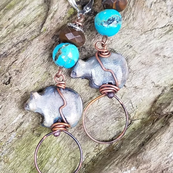 Bear earrings with Kingman Turquoise BoHo Rustic Nature  Harbor Girl Designs