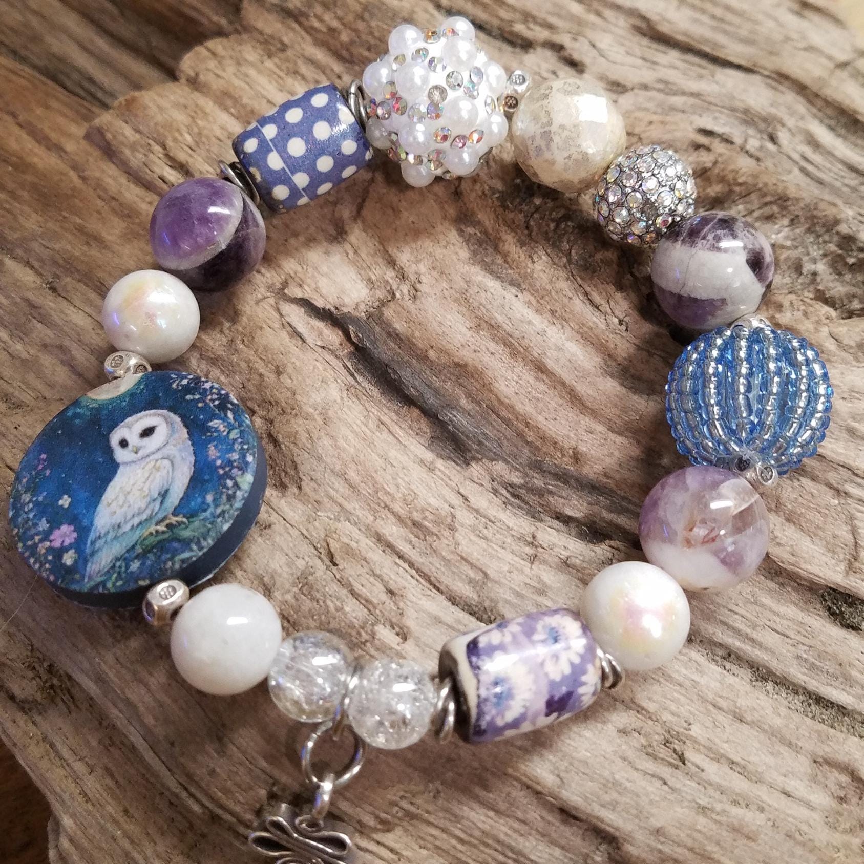 Night Owl with flowers focal bead Gemstone beaded bracelet ,  nature  ,bohemian , hippie, handmade s