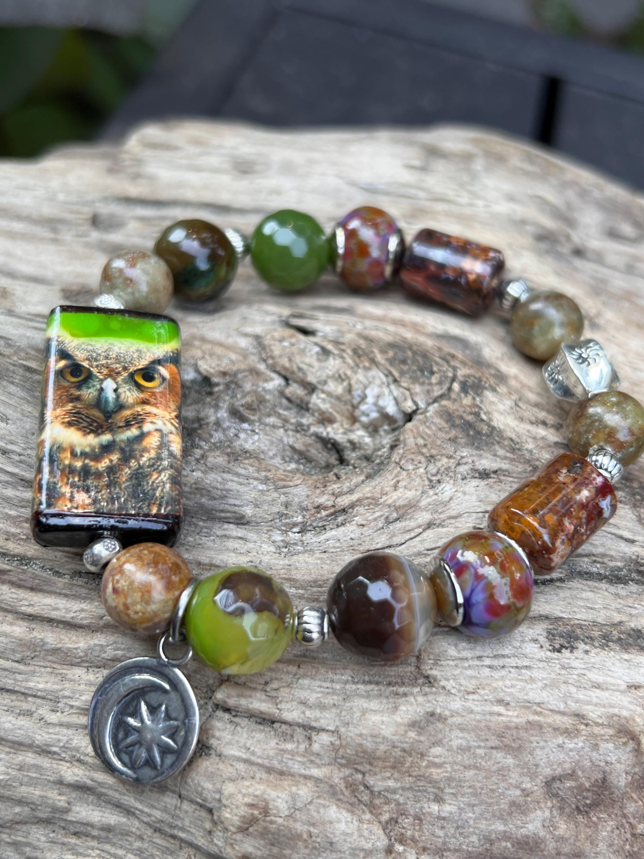 Sale Owl focal beaded stretch  bracelet ,  nature  ,boho , handmade, Harbor Girl Designs