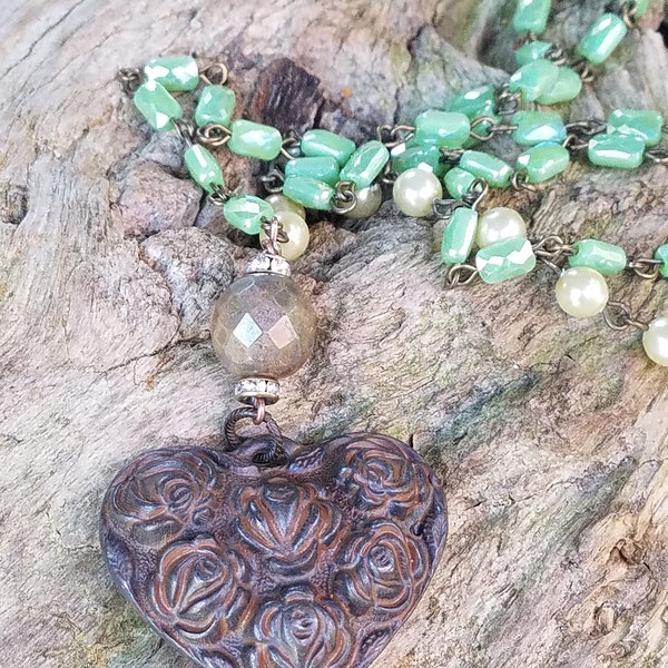 SALE Rustic metal heart pendant beaded chain necklace Simple layering   BoHo Harbor Girl Designs