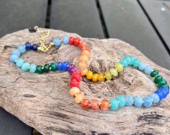 Bright Jewel colors  Gemstone beaded  Choker necklace  , minimalist  , layering Boho