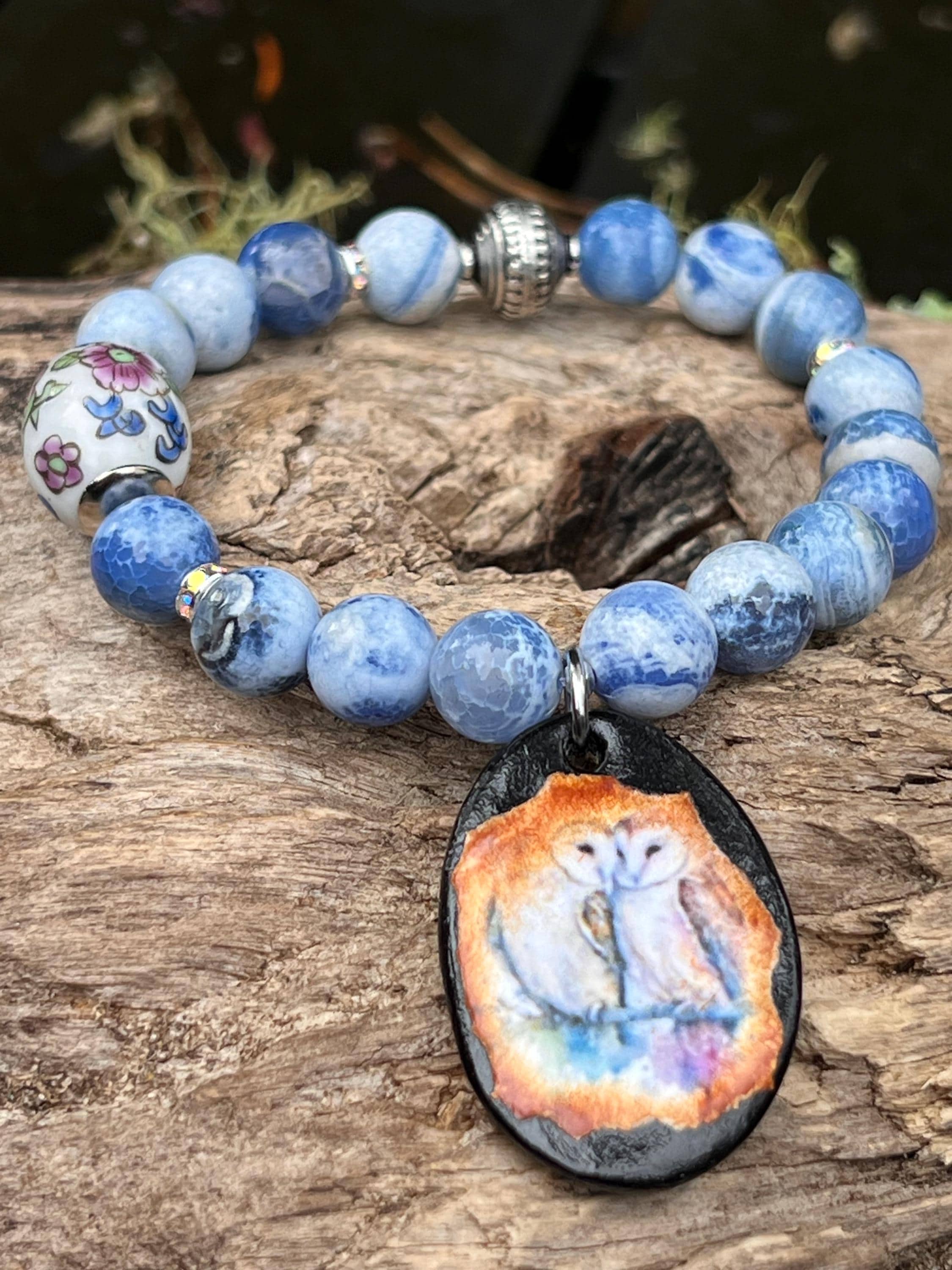 Owl pair ceramic charm Beaded Stretch Bracelet ,  BoHo  , Harbor Girl Designs