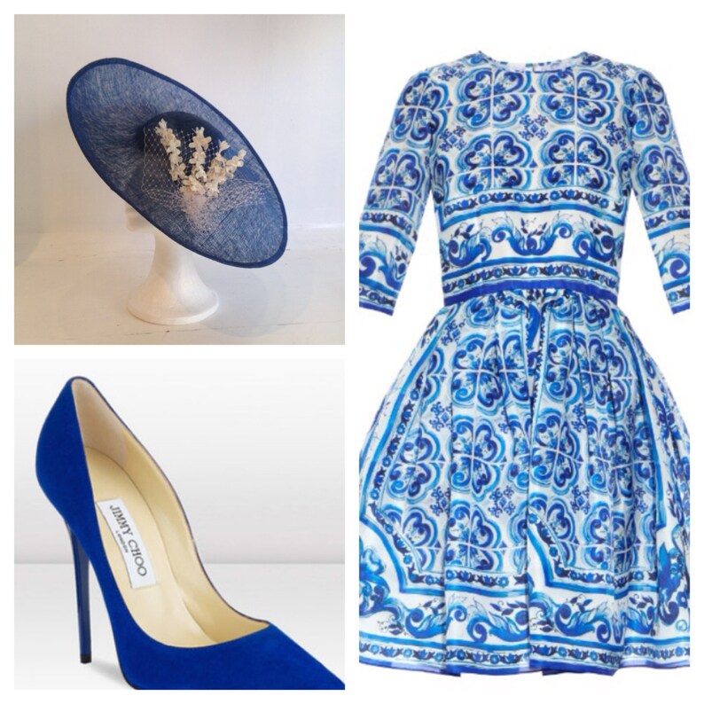 May include: A collection of fashion items including a navy blue hat with a decorative floral accent, a blue and white patterned dress, and a pair of blue high-heeled shoes. The shoes are a pointed-toe style.