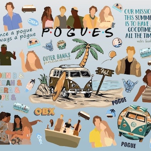 Puede incluir: Un collage de ilustraciones con temática playera, que incluye personajes, una furgoneta y elementos de surf. El texto incluye "POGUES", "Outer Banks" y la frase "Once a pogue always a pogue". El diseño utiliza una paleta de colores azul claro.