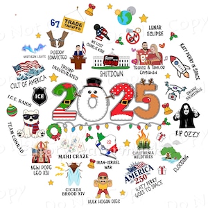 Puede incluir: Un diseño gráfico caprichoso con el número 2025 y un muñeco de nieve, rodeado de varias ilustraciones y texto. El diseño incluye referencias a eventos actuales, cultura pop y elementos festivos, con un tema festivo y humorístico.