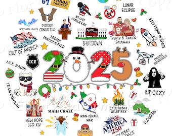 Adorno divertido con el resumen del año 2025, eventos importantes, PNG (descarga digital)