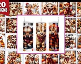 Paquete de envoltorios para vasos con diseño de vaca escocesa de otoño (diseños digitales PNG)