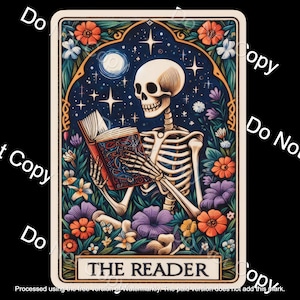 The Reader Tarot Card PNG, Skeleton Book Lover Design (Digital Download)