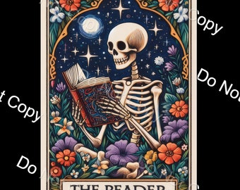 The Reader Tarot Card PNG, Skeleton Book Lover Design (Digital Download)