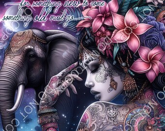 Imagen PNG de una chica tatuada y un elefante, para sublimación en vasos (descarga instantánea)