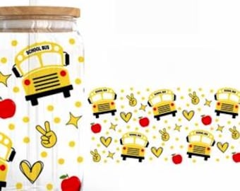 Autobús escolar - Lata de vidrio Libbey de 16 oz, envoltorio para sublimación, PNG SVG
