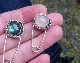 Rose quartz sterling silver safety pin