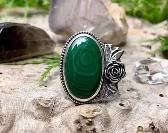 Malachite sterling silver floral statement ring // Size 7.75 // floral jewelry // flower // handmade // malachite jewelry // silver jewelry