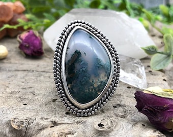 Moss Agate sterling silver statement ring // size 7.25