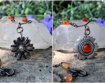 Carnelian sterling silver sunflower necklace // 18" chain // floral jewelry // nature inspired // flowers