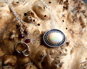 Opal (synthetic) & sterling silver necklace // 17.5" chain // Oxidized // Handmade // opal jewelry // silver jewelry