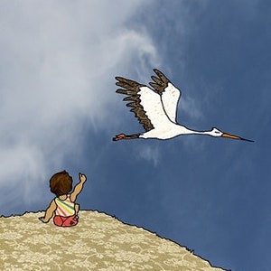 postcard illustration tinedegroote birth, stork, carrier bag