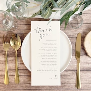 Plantilla de agradecimiento para mesa de boda MINIMALISTA / Tarjeta de agradecimiento para mesa de recepción / Tarjeta de agradecimiento para mesa / Nota de agradecimiento simple en servilleta de 4 x 9 y 5 x 7