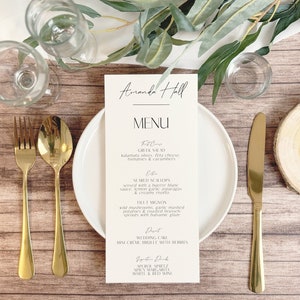 Minimalistyczny szablon karty menu weselnego z nazwą miejsca Ustawienie stołu weselnego Karty menu kolacji z nazwą miejsca Nowoczesna karta menu z nazwą miejsca Menu edytowalne
