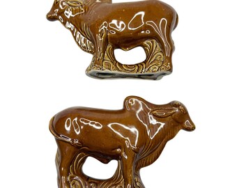 Pair of Glazed Ceramic Brown Cows Made in Brazil