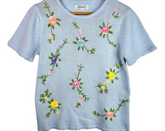 Vintage Haband Blue Floral Embroidered Short Sleeve Sweater Small