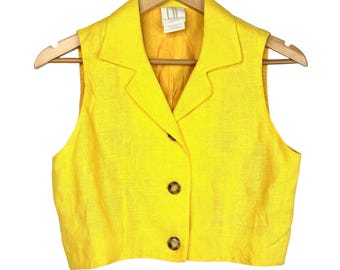 Chaleco vintage de lino amarillo Clifford & Willis, talla pequeña.
