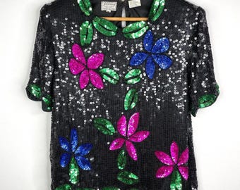 Vintage Stenay Beaded Floral Sequin Blouse MD