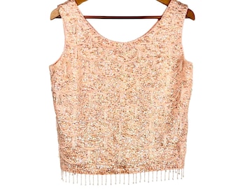 Vintage Macy's Pink Fully Beaded & Sequined Tank Top S