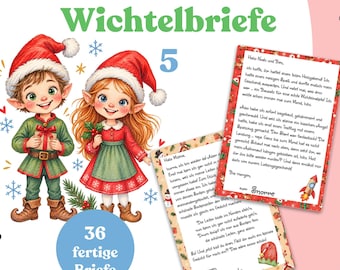 Könnte beinhalten: Ein Set aus 36 druckbaren Wichtelbriefen mit Illustrationen von zwei Wichteln in roten Mützen, einer schwarzen Katze, Schlittschuhen, Zimtstangen im Glas und einem Rentierpullover. Der Text lautet Wunderbare Wichtelbriefe und Personalisierbar.