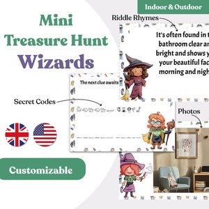 Könnte beinhalten: Ein farbenfrohes Mini-Schatzsuche-Zauberer-Spiel mit Rätselreimen, Geheimcodes und Fotos. Das Spiel ist anpassbar und enthält 50 Hinweise. Enthält Illustrationen von Zauberern und den Text "Small Steps Every Day."