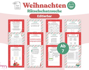 May include: A printable Christmas scavenger hunt with 12 puzzles for kids. The puzzles include a word search, a maze, a code breaker, and a number puzzle. The printable is editable and includes the text "Weihnachten Rätselschatzsuche Editierbar Ab 7".