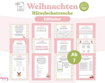 May include: A printable Christmas-themed puzzle set with various challenges, including mazes, code-breaking, and word puzzles. The set is designed for children aged 7 and up, with a pink and green color scheme and the text "Weihnachten Rätselschatzsuche".