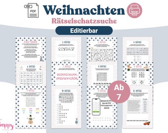 May include: A printable PDF with the title "Weihnachten Rätselschatzsuche" (Christmas Puzzle Hunt). The pages feature various puzzles, mazes, and word games, with the text "Editierbar" (Editable) and "Ab 7" (Age 7+).